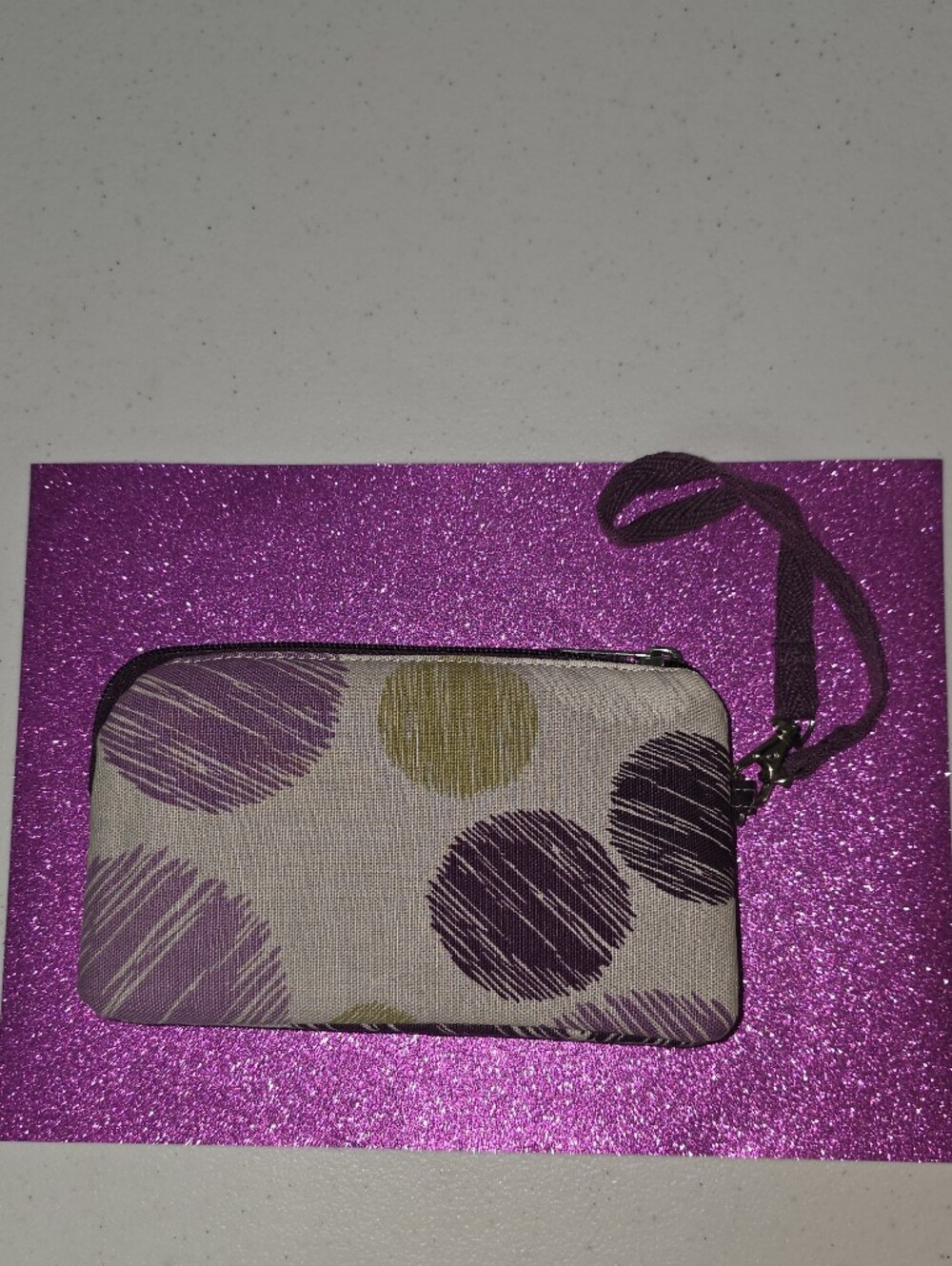 thirty-one Easy Going Wristlet with Purple Sketchy Dot Pattern